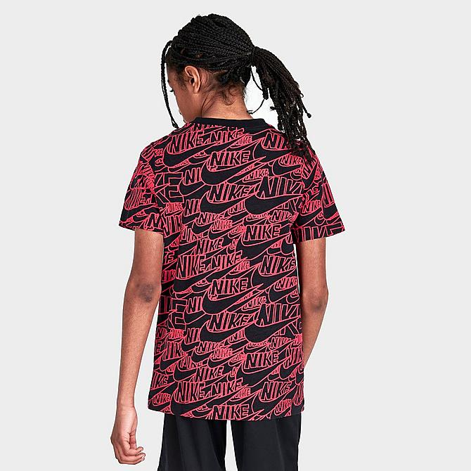 Back Right view of Boys' Nike Allover Print Pack T-Shirt in Black/Light Fusion Red Click to zoom