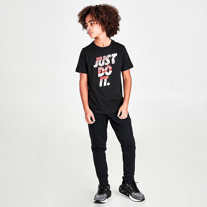 Front Three Quarter view of Boys' Nike Sportswear Just Do It Brandmark T-Shirt in Black Click to zoom