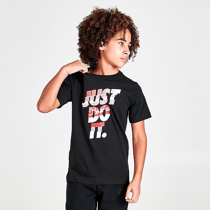Back Left view of Boys' Nike Sportswear Just Do It Brandmark T-Shirt in Black Click to zoom