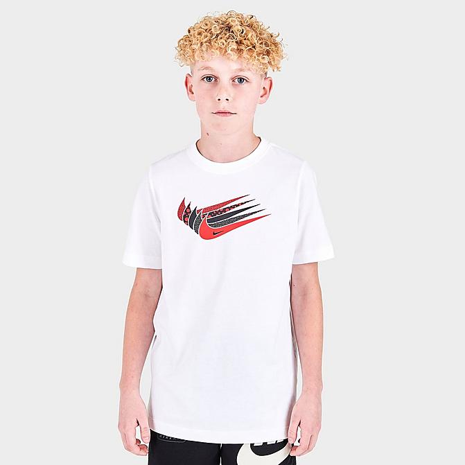 Front view of Girls' Nike Sportswear Repeat Futura T-Shirt in White Click to zoom