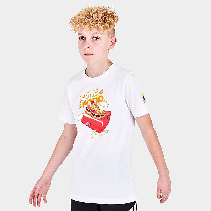 Front view of Boys' Nike Sportswear Sole Food T-Shirt in White Click to zoom