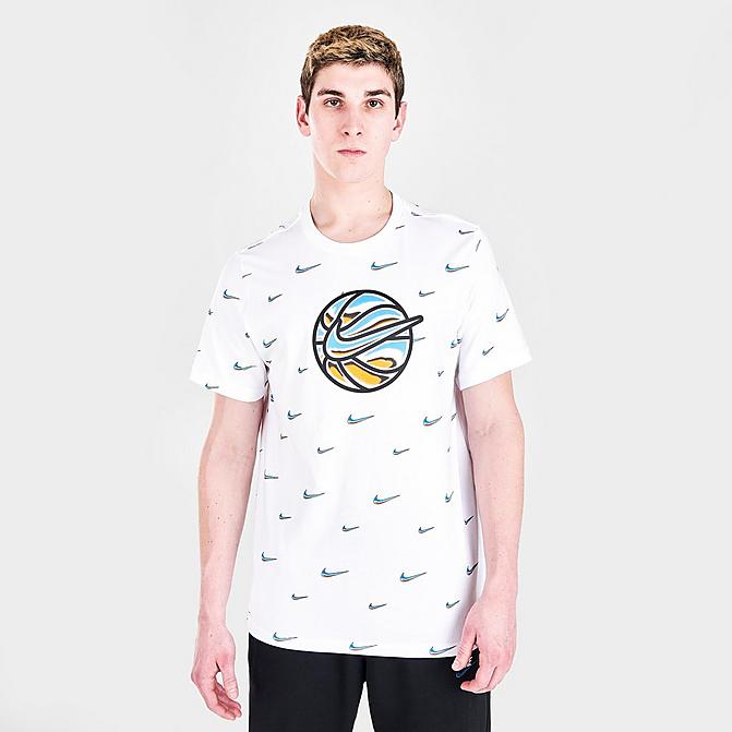 Front view of Men's Nike Basketball Swoosh Ball Graphic Print Short-Sleeve T-Shirt in White Click to zoom