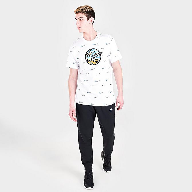Front Three Quarter view of Men's Nike Basketball Swoosh Ball Graphic Print Short-Sleeve T-Shirt in White Click to zoom