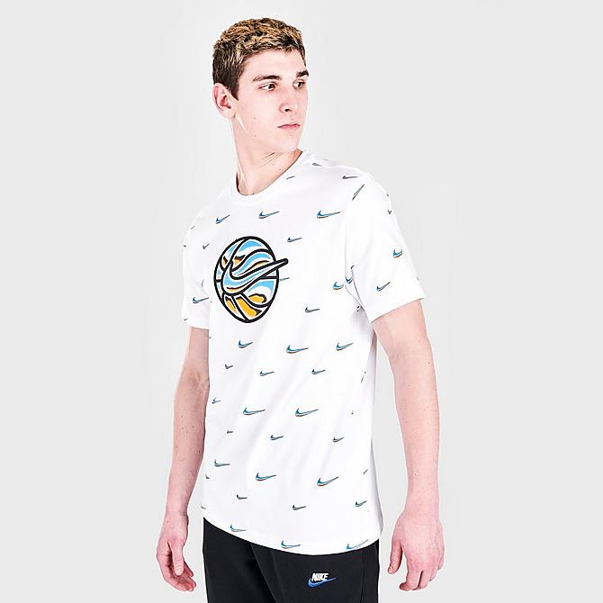 Back Left view of Men's Nike Basketball Swoosh Ball Graphic Print Short-Sleeve T-Shirt in White Click to zoom