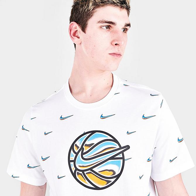 On Model 5 view of Men's Nike Basketball Swoosh Ball Graphic Print Short-Sleeve T-Shirt in White Click to zoom