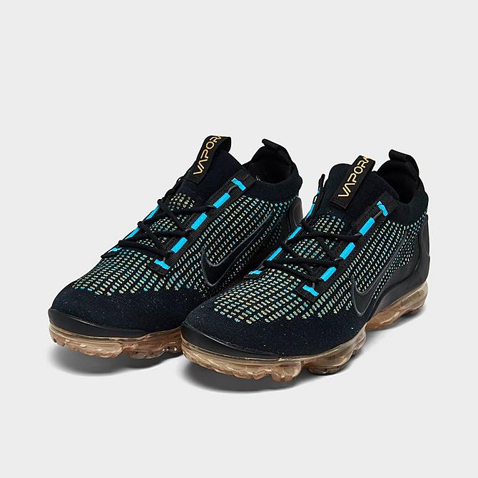 Three Quarter view of Nike Air VaporMax 2021 Flyknit Extra Smile Running Shoes in Multi/Pollen/Chlorine Blue/Black Click to zoom