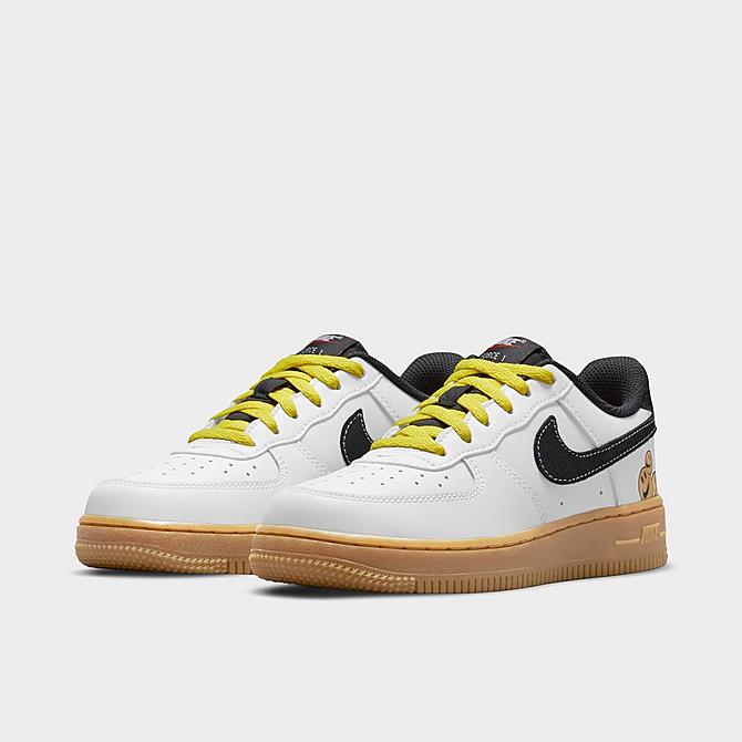 Three Quarter view of Little Kids' Nike Air Force 1 LV8 Swoosh Smiley Casual Shoes in White/Anthracite/Yellow Strike/Gum Light Brown/Team Orange/Metallic Gold Click to zoom