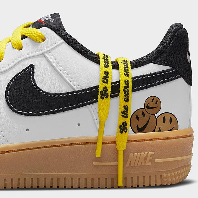 Front view of Little Kids' Nike Air Force 1 LV8 Swoosh Smiley Casual Shoes in White/Anthracite/Yellow Strike/Gum Light Brown/Team Orange/Metallic Gold Click to zoom