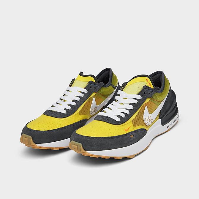 Three Quarter view of Big Kids' Nike Waffle One Swoosh Smiley Casual Shoes in Yellow Strike/White/Anthracite/Team Orange/Gum Light Brown/Metallic Gold Click to zoom