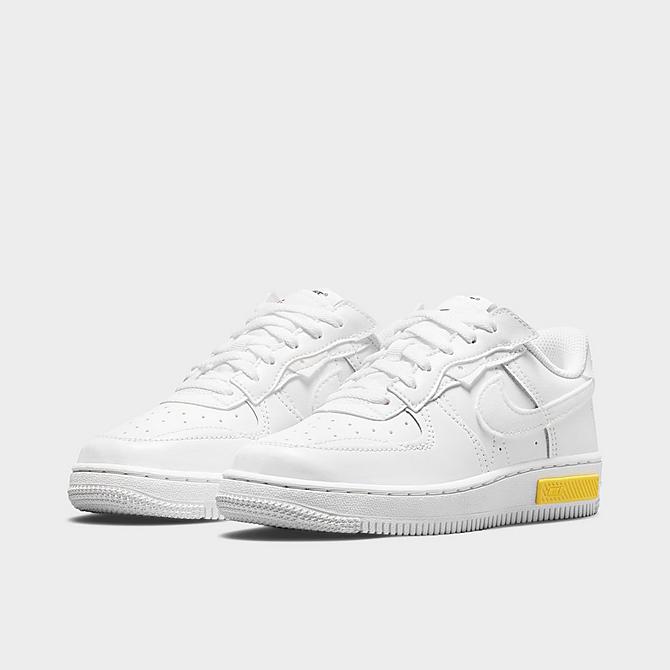 Three Quarter view of Little Kids' Nike Air Force 1 Fontanka Casual Shoes in White/White/Opti Yellow/White Click to zoom