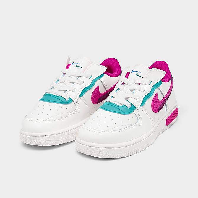 Three Quarter view of Girls’ Toddler Nike Air Force 1 Fontanka Casual Shoes in Sail/Pink Prime/Washed Teal/Sangria Click to zoom