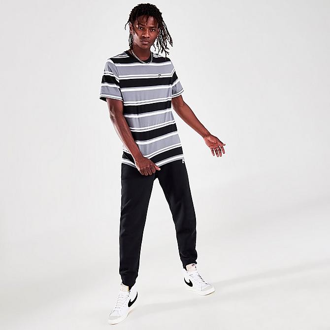 Front Three Quarter view of Men's Nike Sportswear Stripe T-Shirt in Cool Grey/White/Black Click to zoom