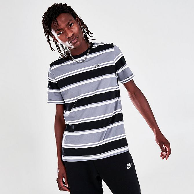 Back Right view of Men's Nike Sportswear Stripe T-Shirt in Cool Grey/White/Black Click to zoom