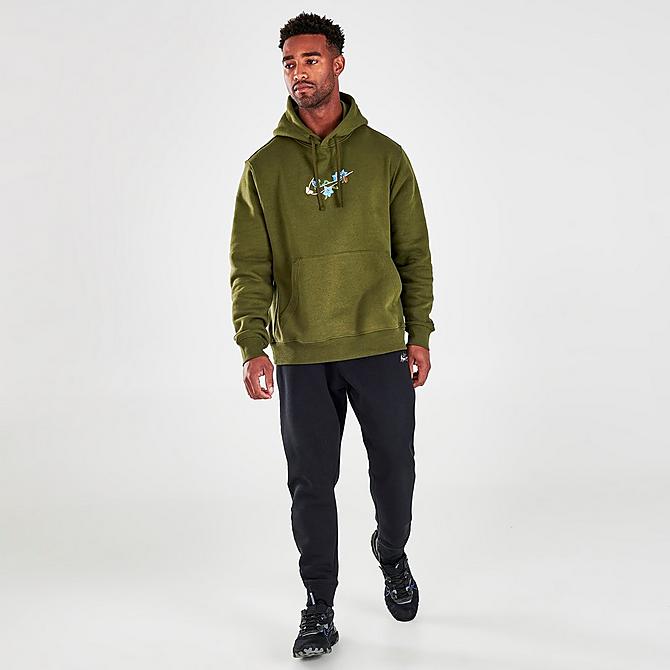 Front Three Quarter view of Men's Nike Sportswear Club Logo Twist Fleece Pullover Hoodie in Rough Green Click to zoom