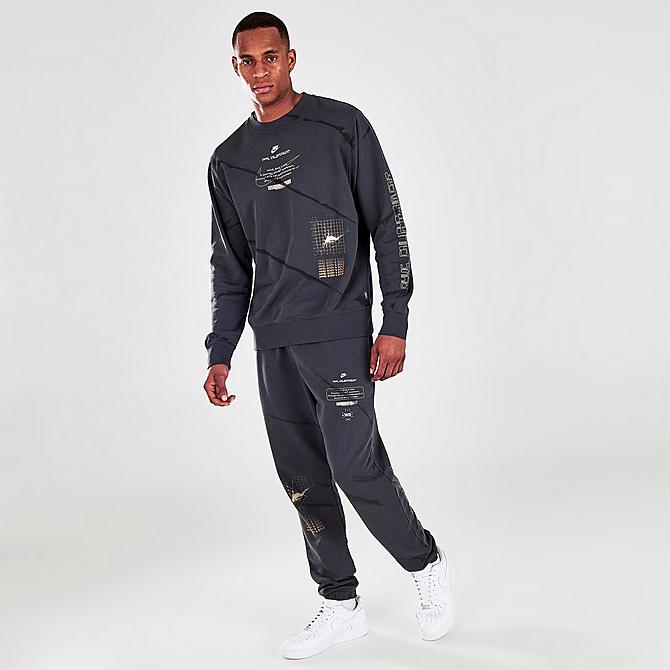 Front Three Quarter view of Men's Nike Sportswear Mind, Body, Sole Pullover Crewneck Sweatshirt in Anthracite/Black Click to zoom