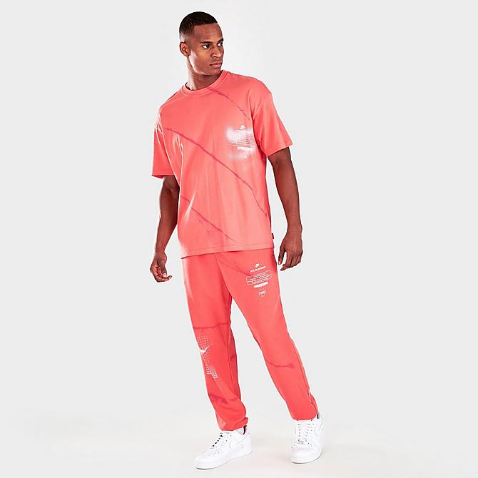 Front Three Quarter view of Men's Nike Sportswear Max 90 Graphic Print Short-Sleeve T-Shirt in Magic Ember/Archaeo Pink Click to zoom