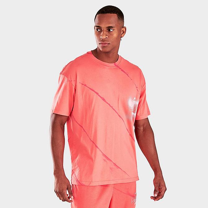 Back Left view of Men's Nike Sportswear Max 90 Graphic Print Short-Sleeve T-Shirt in Magic Ember/Archaeo Pink Click to zoom