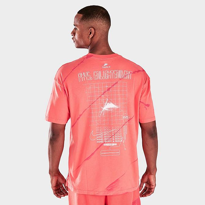 Back Right view of Men's Nike Sportswear Max 90 Graphic Print Short-Sleeve T-Shirt in Magic Ember/Archaeo Pink Click to zoom
