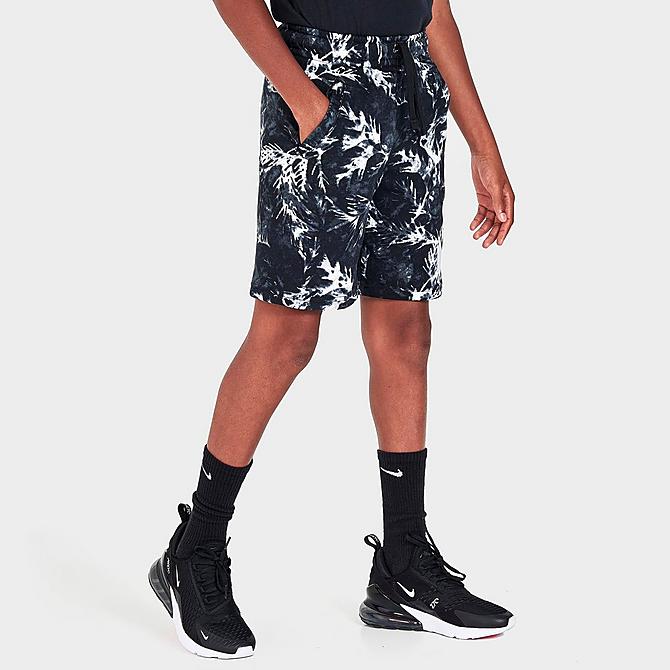 Back Left view of Boys' Nike Sportswear Camo Leaf Printed French Terry Shorts in Black Click to zoom