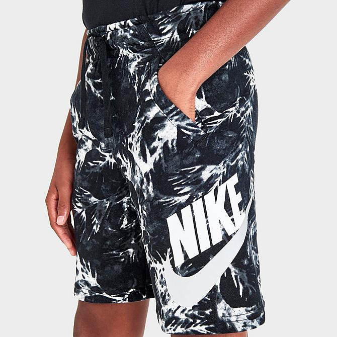 On Model 5 view of Boys' Nike Sportswear Camo Leaf Printed French Terry Shorts in Black Click to zoom