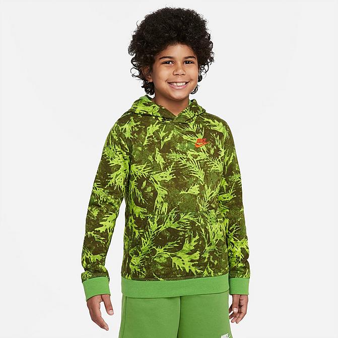 Front view of Boys' Nike Sportswear Printed French Terry Hoodie in Chlorophyll/Rush Orange Click to zoom