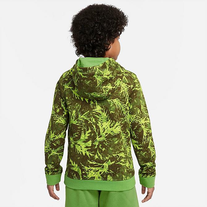 Front Three Quarter view of Boys' Nike Sportswear Printed French Terry Hoodie in Chlorophyll/Rush Orange Click to zoom