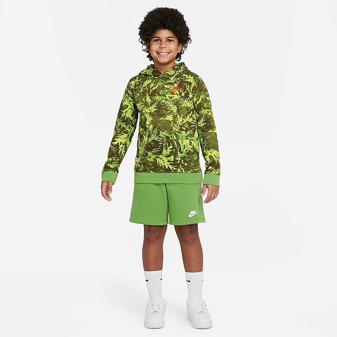 Back Left view of Boys' Nike Sportswear Printed French Terry Hoodie in Chlorophyll/Rush Orange Click to zoom
