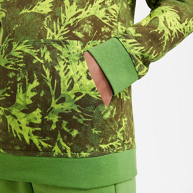 On Model 5 view of Boys' Nike Sportswear Printed French Terry Hoodie in Chlorophyll/Rush Orange Click to zoom