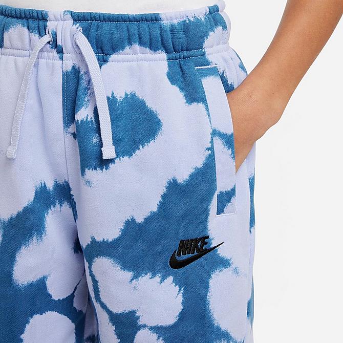 On Model 5 view of Boys' Nike Sportswear All-Over Print French Terry Shorts in Light Marine/Black Click to zoom