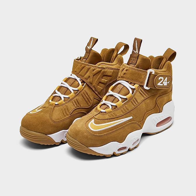 Three Quarter view of Boys' Big Kids' Nike Air Griffey Max 1 Training Shoes in Wheat/Pollen/White/Gum/Light Brown Click to zoom
