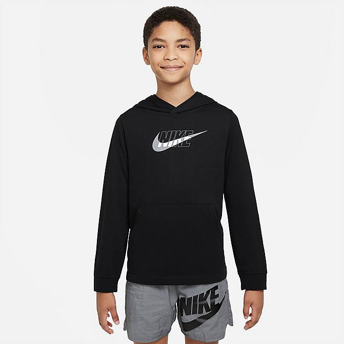 Front view of Boys' Nike Sportswear Jersey Pullover Hoodie in Black/Smoke Grey Click to zoom