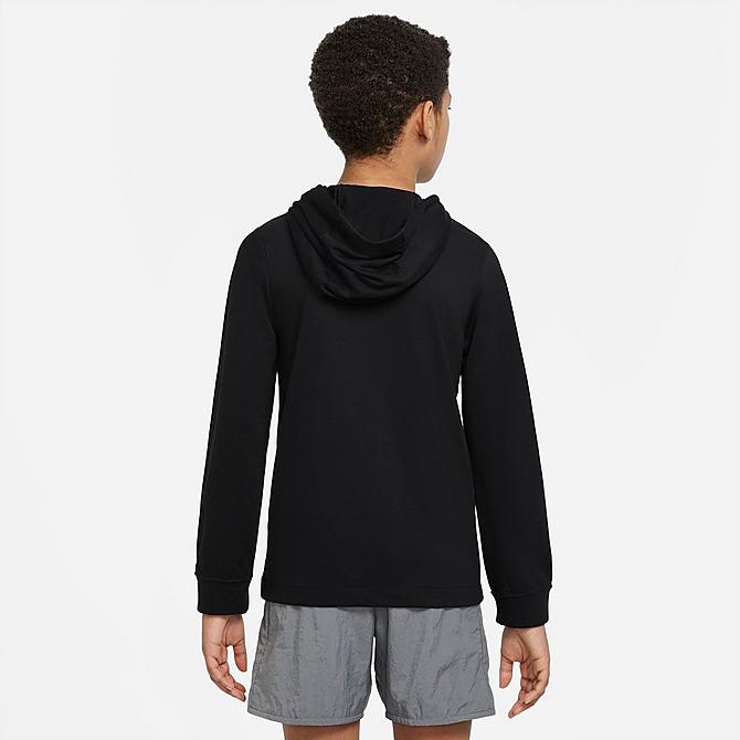 Front Three Quarter view of Boys' Nike Sportswear Jersey Pullover Hoodie in Black/Smoke Grey Click to zoom
