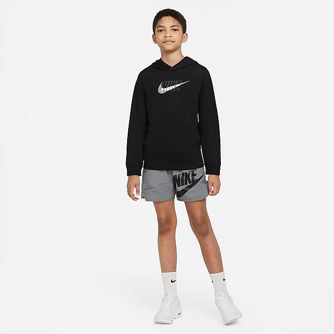 Back Left view of Boys' Nike Sportswear Jersey Pullover Hoodie in Black/Smoke Grey Click to zoom