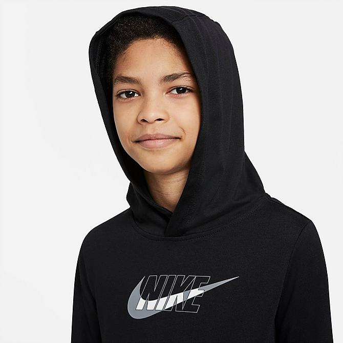 Back Right view of Boys' Nike Sportswear Jersey Pullover Hoodie in Black/Smoke Grey Click to zoom