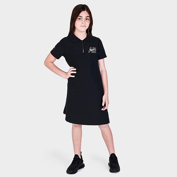 Front Three Quarter view of Girls' Nike Air Quarter-Zip Polo Dress in Black/White Click to zoom