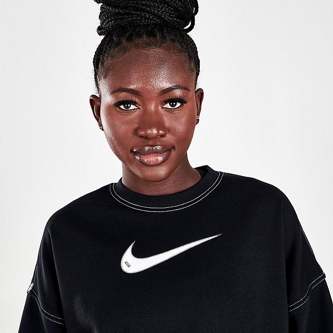 On Model 5 view of Women's Nike Sportswear Swoosh Cropped Crewneck Sweatshirt in Black/Black/White Click to zoom