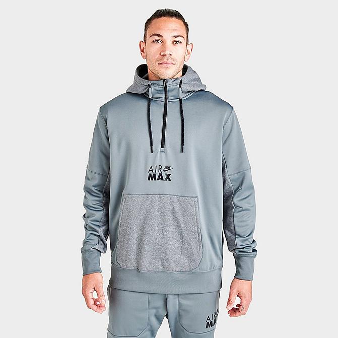 Front view of Men's Nike Sportswear Air Max Logo Half-Zip Fleece Hoodie in Off Noir/Black/Grey Click to zoom
