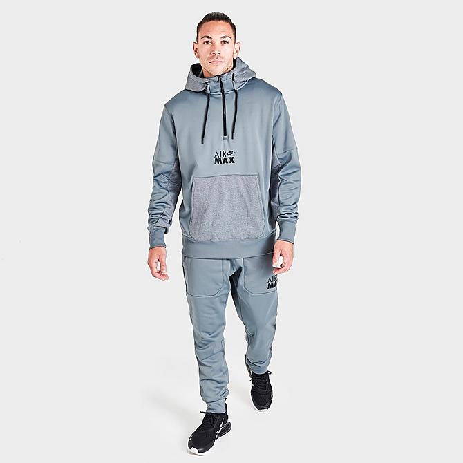 Front Three Quarter view of Men's Nike Sportswear Air Max Logo Half-Zip Fleece Hoodie in Off Noir/Black/Grey Click to zoom