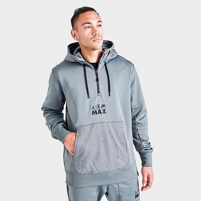 Back Left view of Men's Nike Sportswear Air Max Logo Half-Zip Fleece Hoodie in Off Noir/Black/Grey Click to zoom