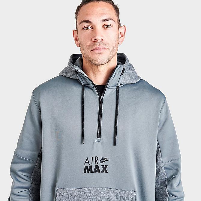 On Model 5 view of Men's Nike Sportswear Air Max Logo Half-Zip Fleece Hoodie in Off Noir/Black/Grey Click to zoom