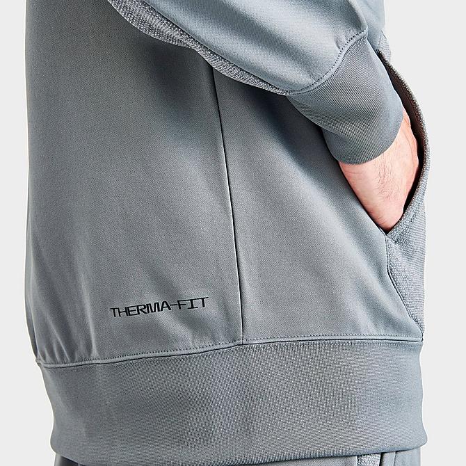 On Model 6 view of Men's Nike Sportswear Air Max Logo Half-Zip Fleece Hoodie in Off Noir/Black/Grey Click to zoom