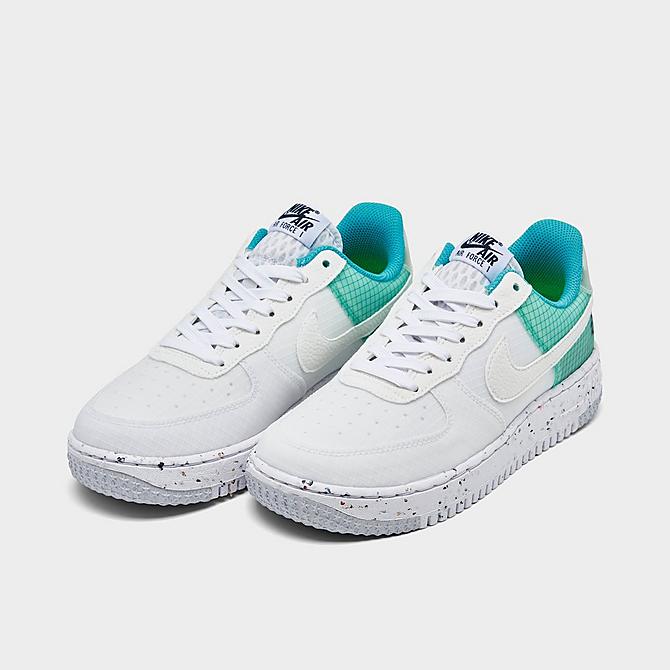 Three Quarter view of Women's Nike Air Force 1 Crater Casual Shoes in White/White/Dynamic Turquoise/Armory Navy Click to zoom