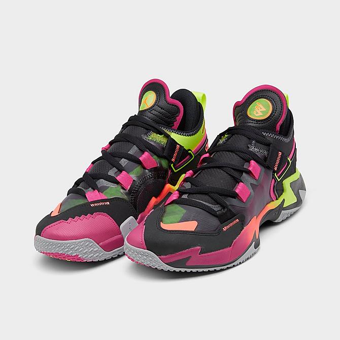 Three Quarter view of Big Kids' Jordan Why Not Zer0.5 Basketball Shoes in Black/Bright Mango/Iron Grey/Wolf Grey/Pink Prime/Electric Green Click to zoom