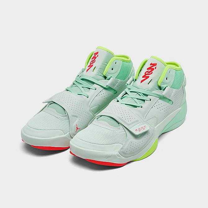 Three Quarter view of Jordan Zion 2 Basketball Shoes in Barely Green/Flash Crimson/Volt Click to zoom
