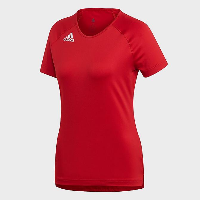 Front view of Women's adidas HILO Short-Sleeve Volleyball Jersey in Power Red/White Click to zoom