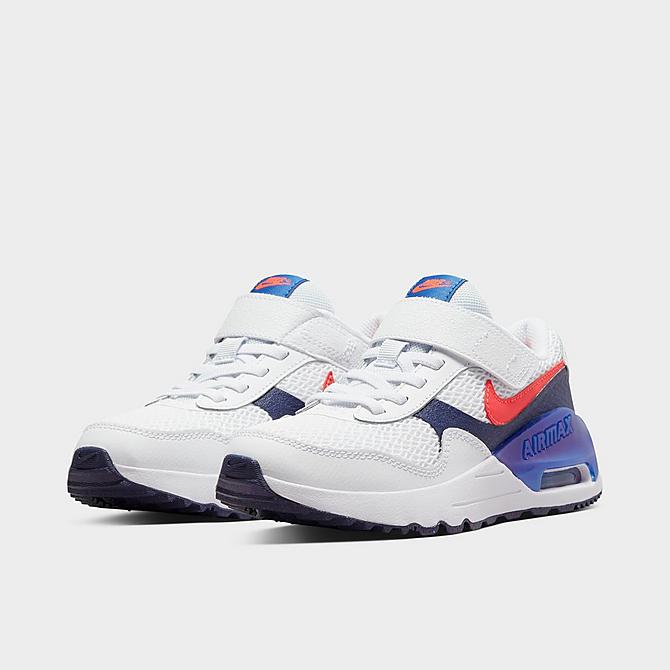 Three Quarter view of Little Kids' Nike Air Max SYSTM Casual Shoes in White/Bright Crimson/Midnight Navy/Game Royal Click to zoom