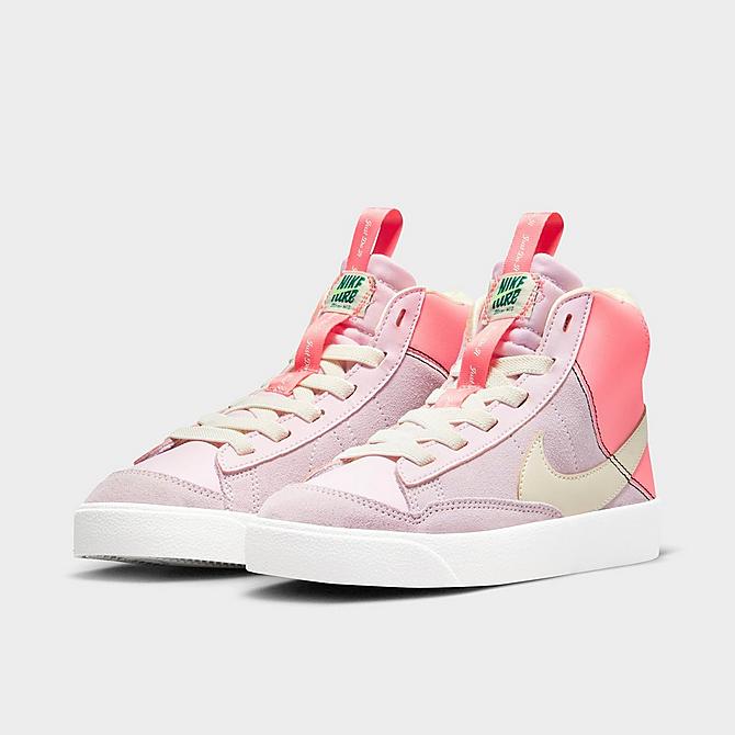 Three Quarter view of Girls' Little Kids' Nike Blazer Mid '77 SE Casual Shoes in Pink Foam/Coconut Milk/Pink Gaze/Summit White Click to zoom