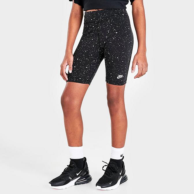 Front view of Girls' Nike Sportswear Allover Print Speckle Bike Shorts in Black/White Click to zoom
