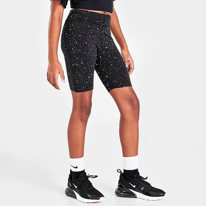 Back Left view of Girls' Nike Sportswear Allover Print Speckle Bike Shorts in Black/White Click to zoom