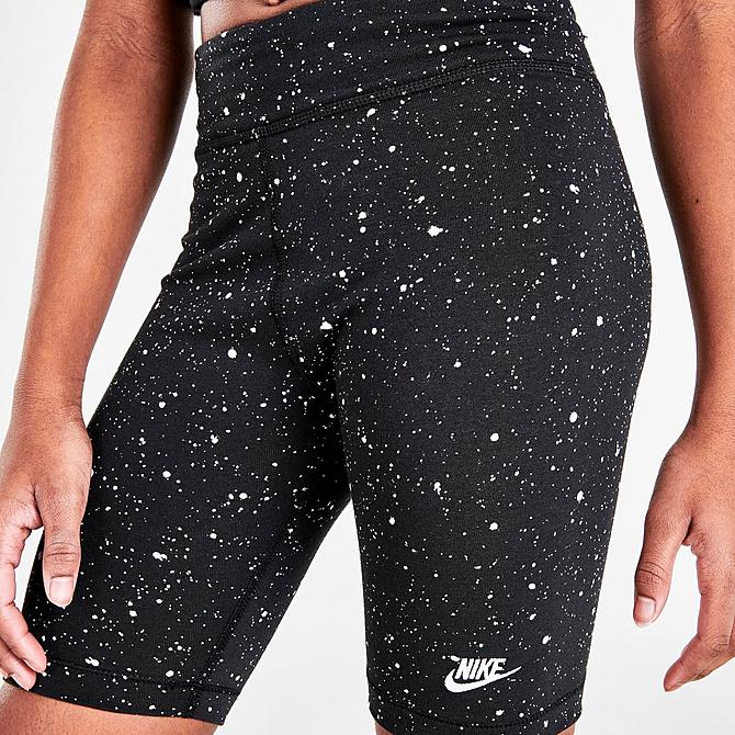 On Model 5 view of Girls' Nike Sportswear Allover Print Speckle Bike Shorts in Black/White Click to zoom